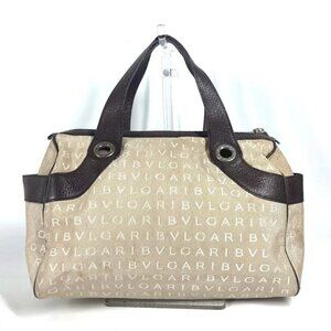 BVLGARI Logo mania Bag Hand Bag Shoulder Bag Leather/Canvas Beige/Dark brown